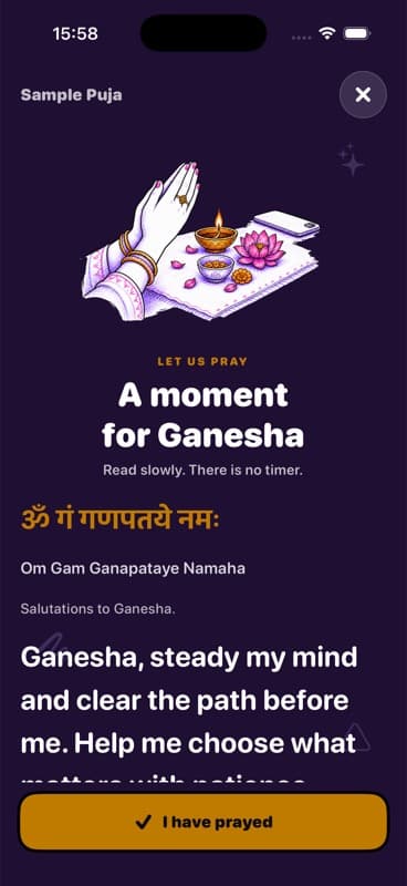 PujaFirst Ganesha Puja showing mantra, transliteration, and meaning