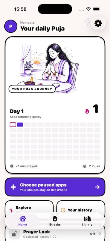PujaFirst Home showing a daily Puja journey and Prayer Lock